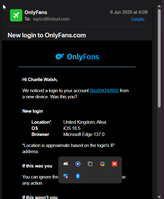 OnlyFans login notification showing new login from United Kingdom, Alloa